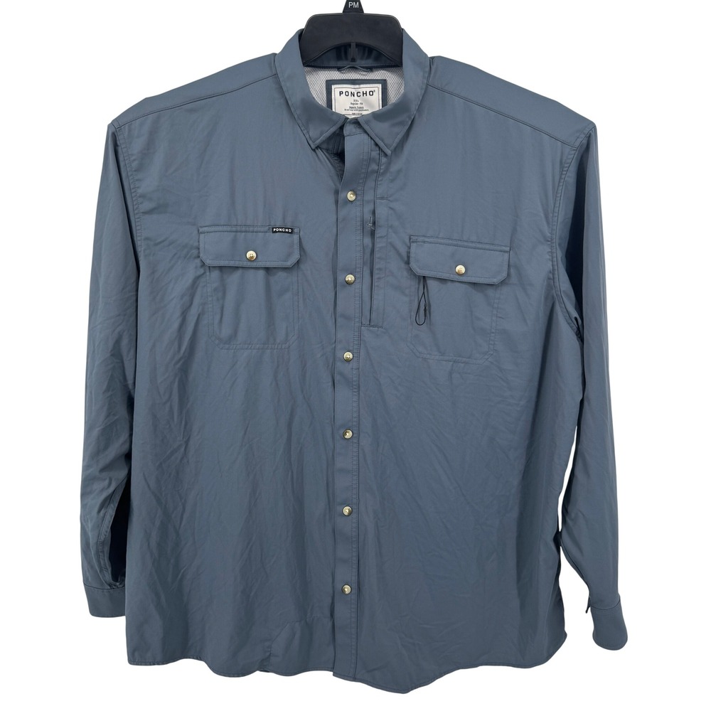 Poncho Fishing Shirt Mens XXL Blue Gray Magnetic Pockets Vented Performance L/S